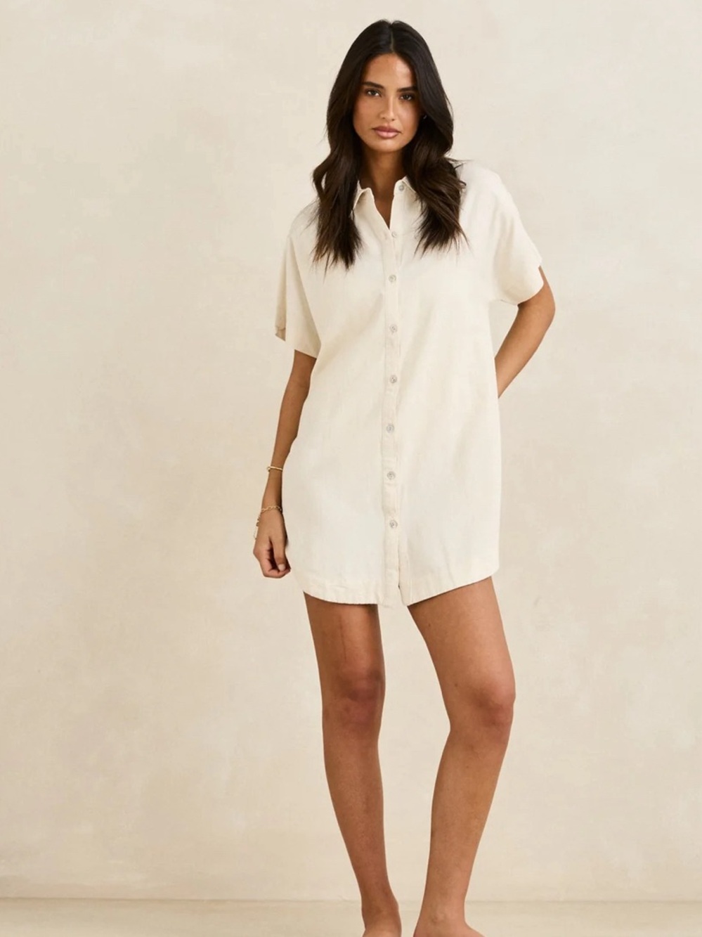 Rhythm Classics Linen-Cotton Oatmeal Button-Down Shirt Dress